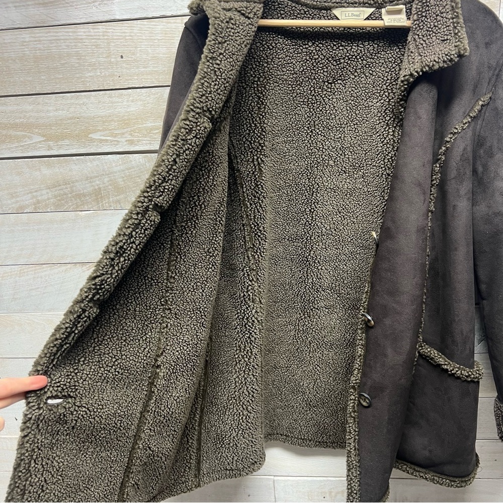LL Bean Coat Womens XL Brown Faux Suede Sherpa Lined Shearling Jacket - Picture 4 of 11